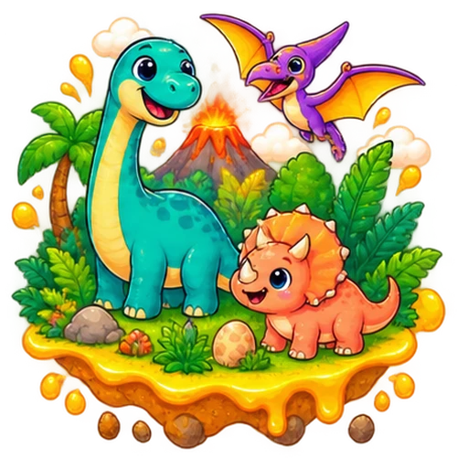 Friendly dinosaurs around a tiny volcano
