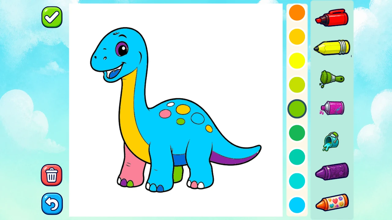 A dinosaur colored with Little Hue's fill tool