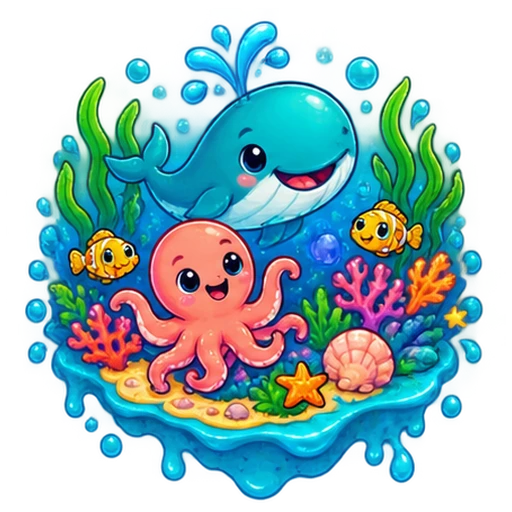 Whale, octopus and fish in an underwater world